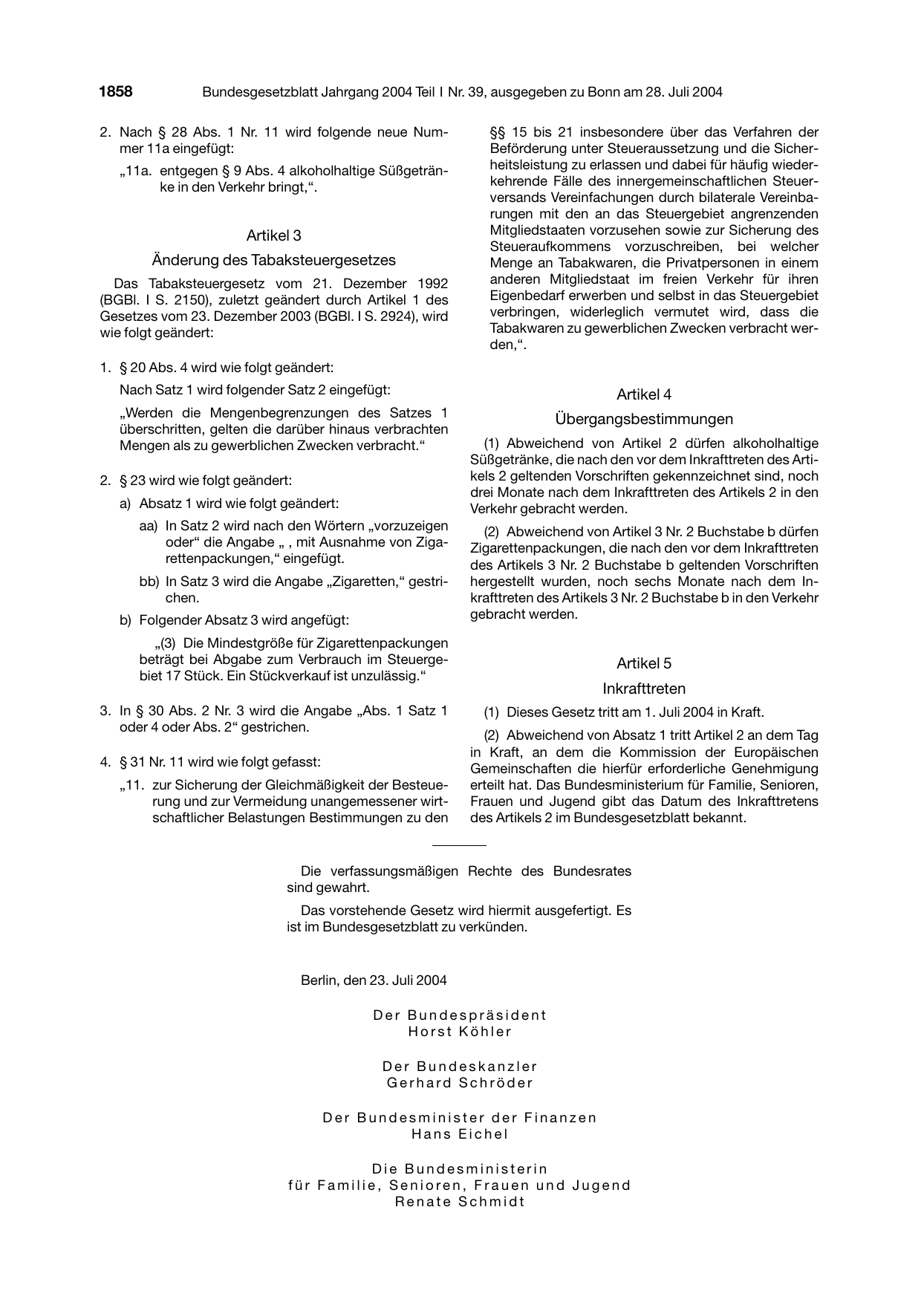 BGBl. 2004, Seite 1858 — Originalseite als Abbildung