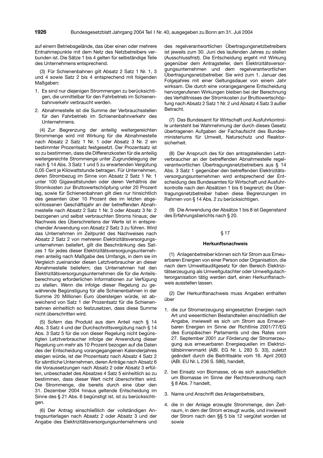 BGBl. 2004, Seite 1926 — Originalseite als Abbildung