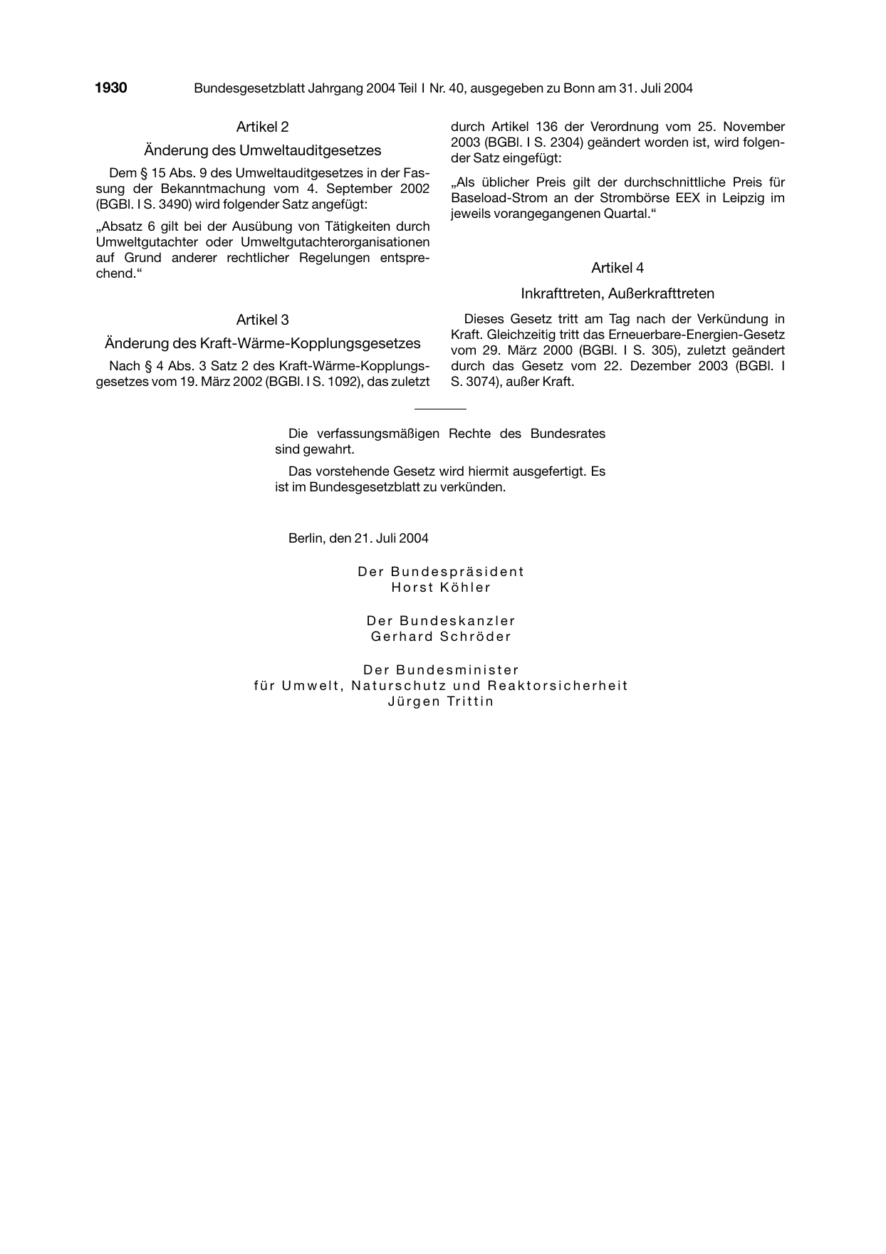 BGBl. 2004, Seite 1930 — Originalseite als Abbildung