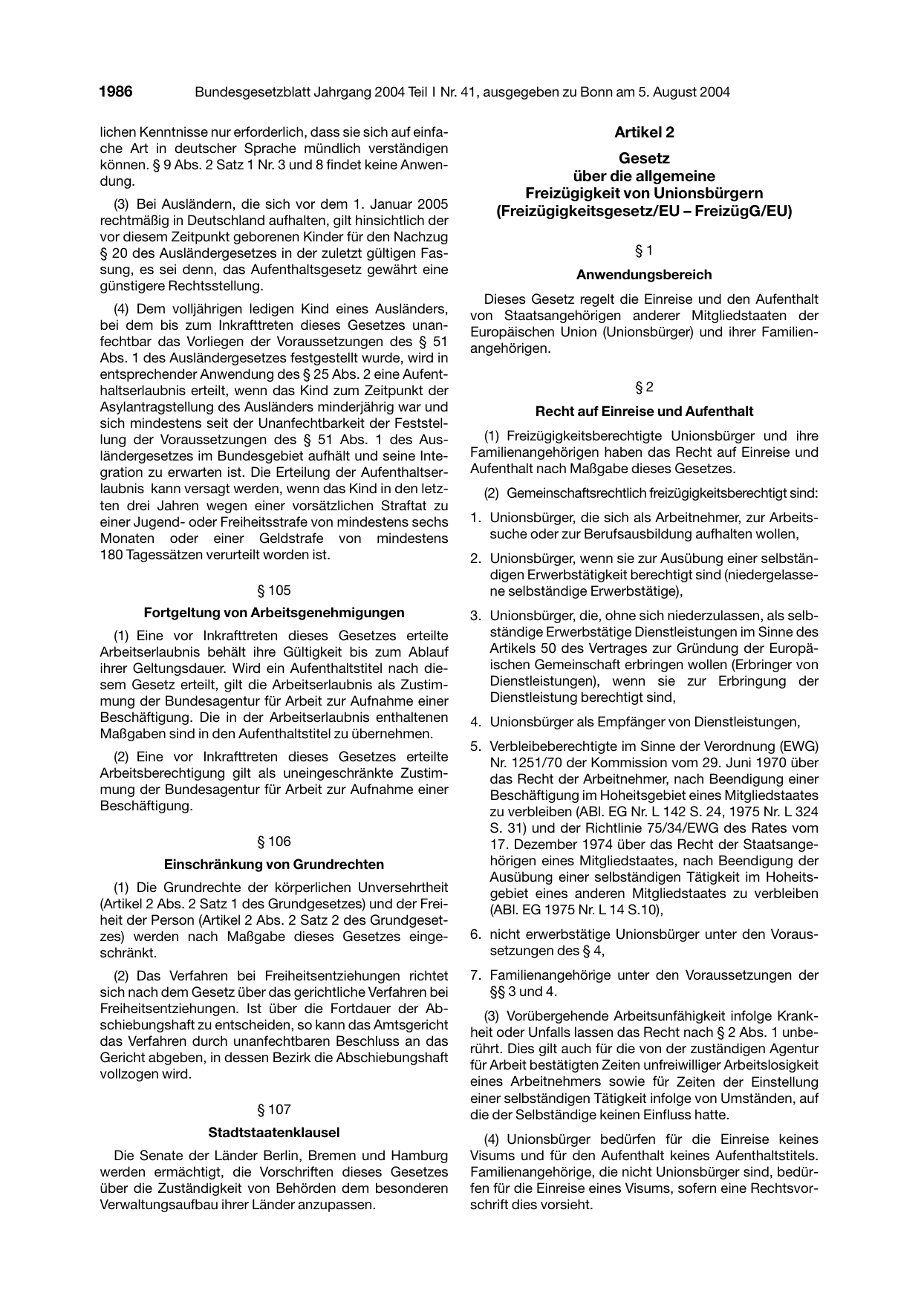BGBl. 2004, Seite 1986 — Originalseite als Abbildung