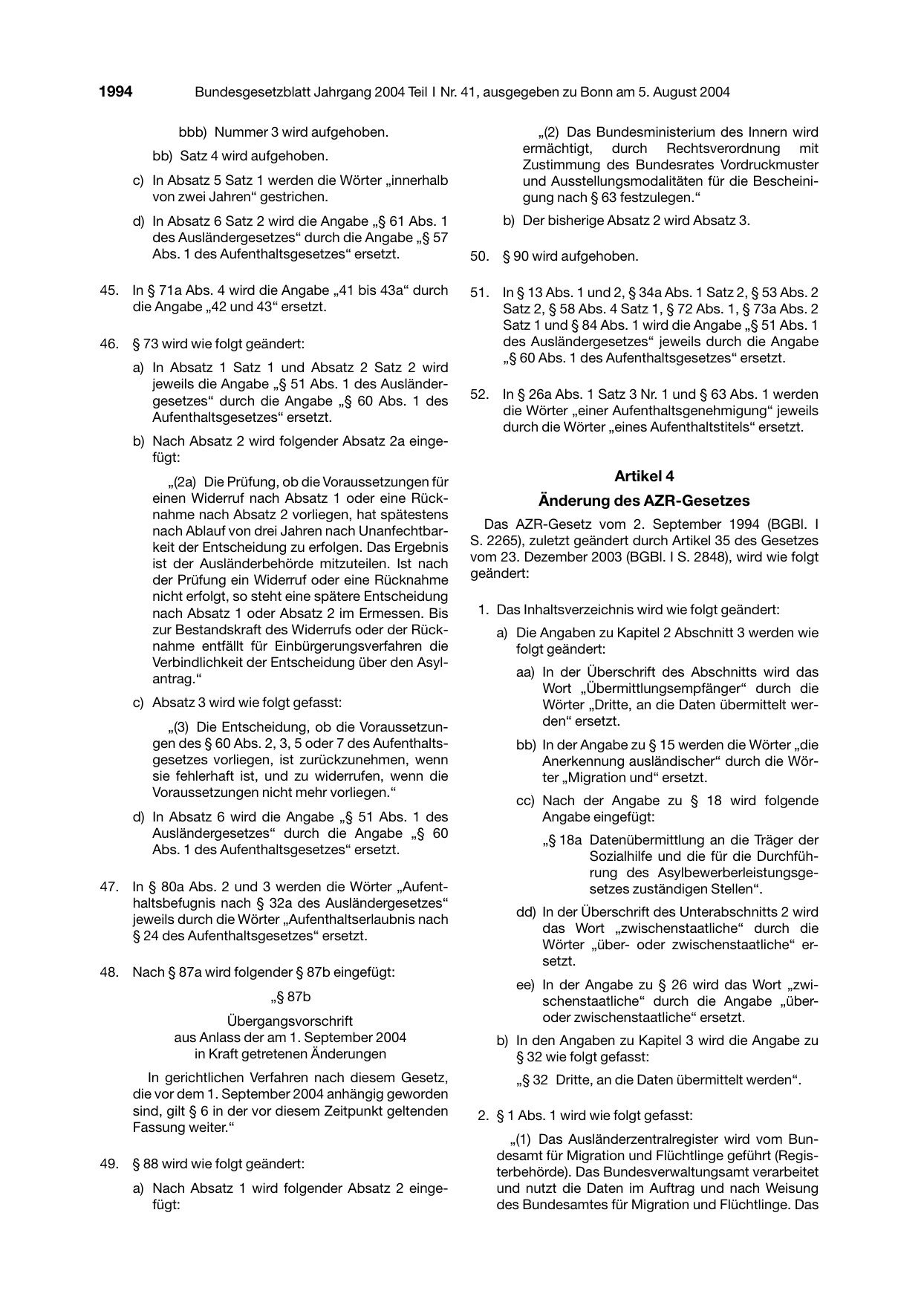 BGBl. 2004, Seite 1994 — Originalseite als Abbildung