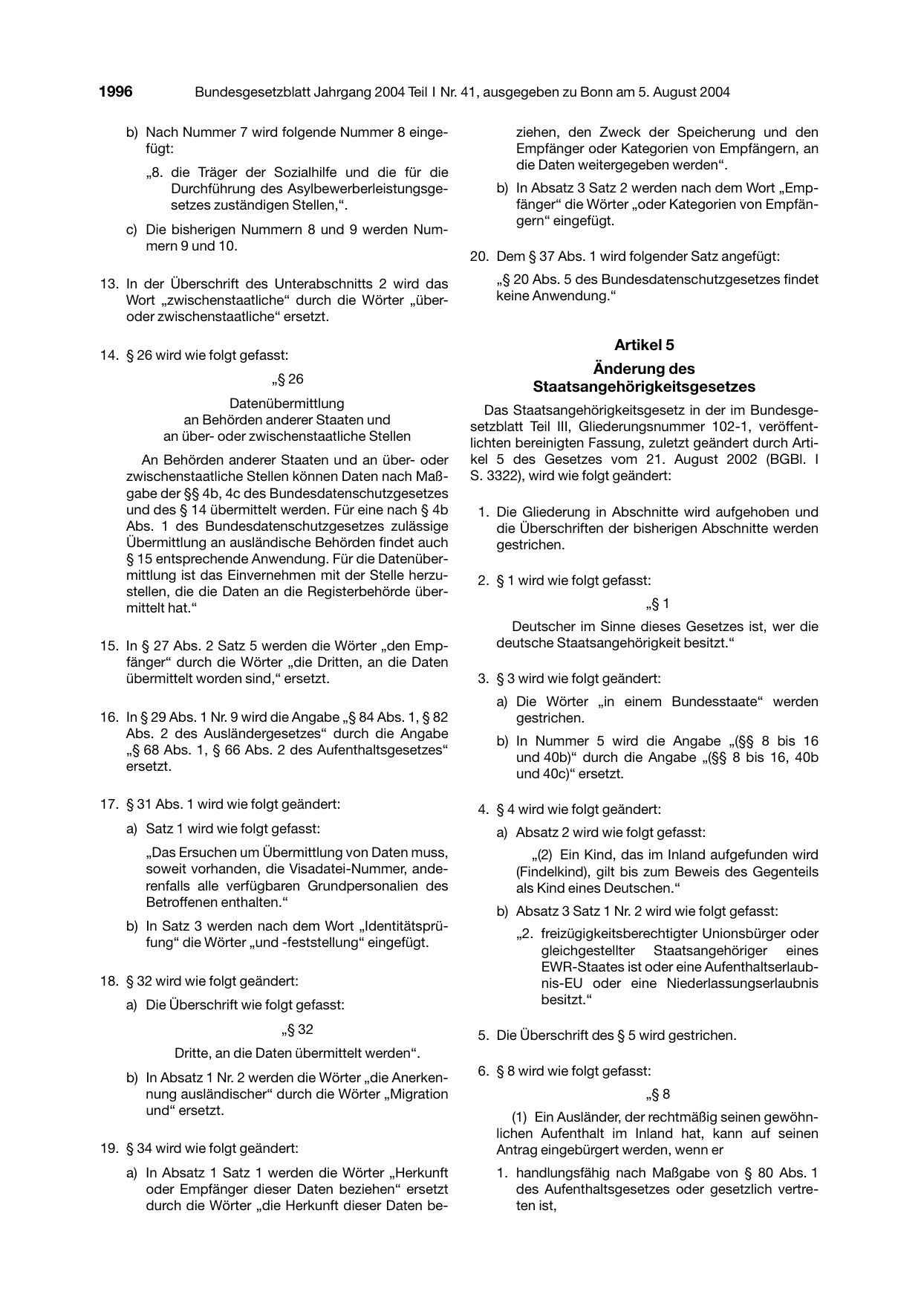 BGBl. 2004, Seite 1996 — Originalseite als Abbildung