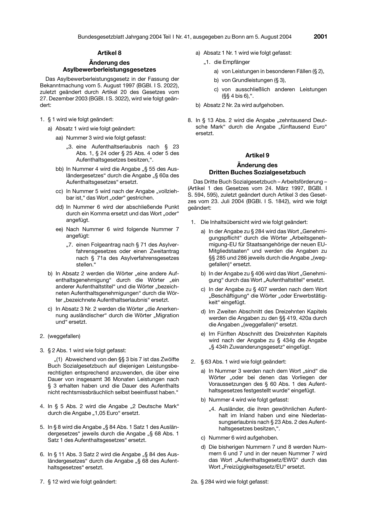 BGBl. 2004, Seite 2001 — Originalseite als Abbildung