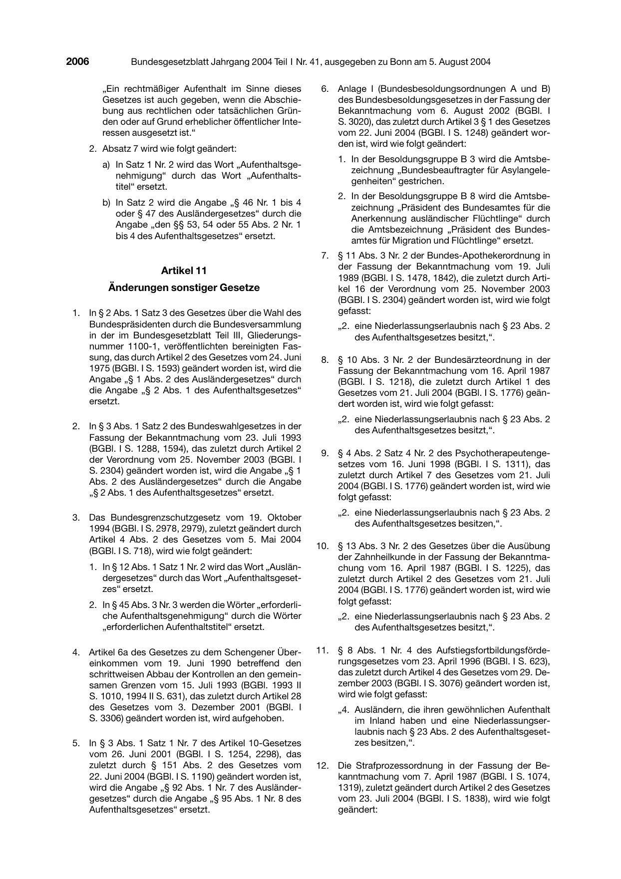 BGBl. 2004, Seite 2006 — Originalseite als Abbildung