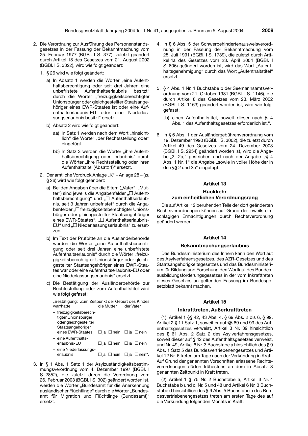 BGBl. 2004, Seite 2009 — Originalseite als Abbildung
