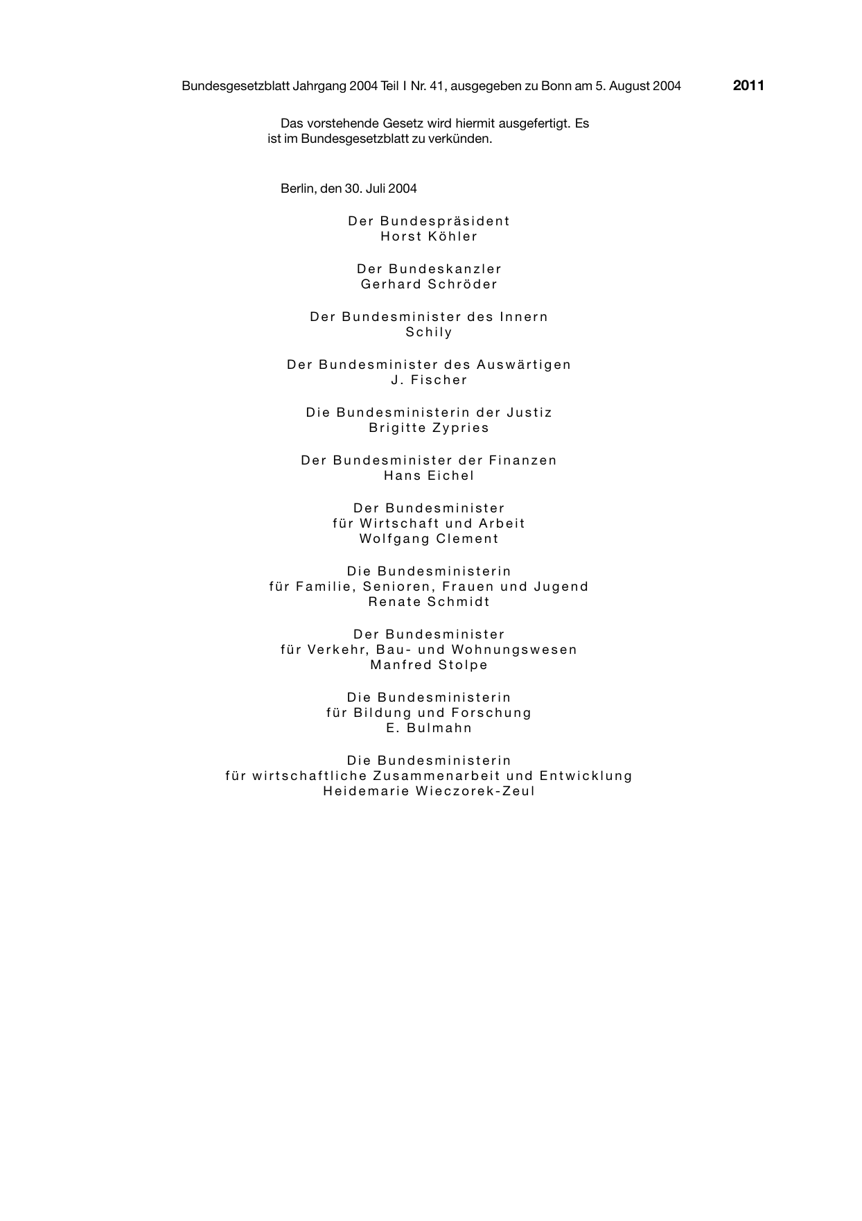 BGBl. 2004, Seite 2011 — Originalseite als Abbildung