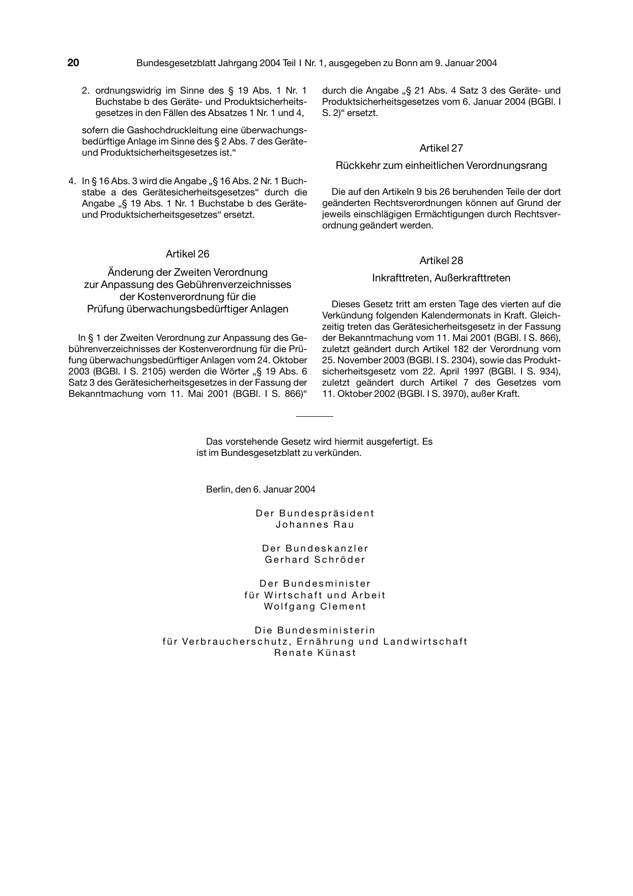 BGBl. 2004, Seite 20 — Originalseite als Abbildung