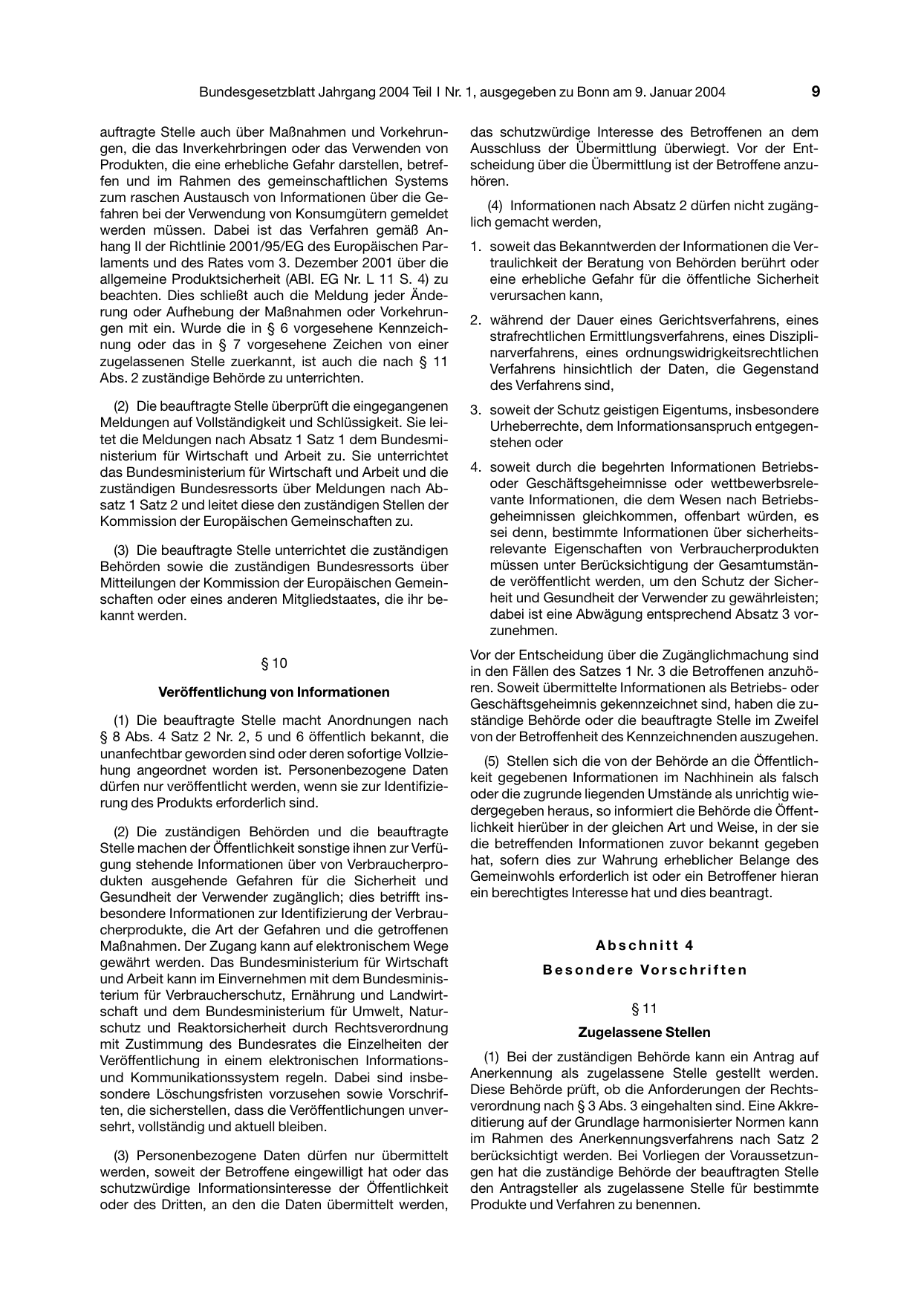 BGBl. 2004, Seite 9 — Originalseite als Abbildung