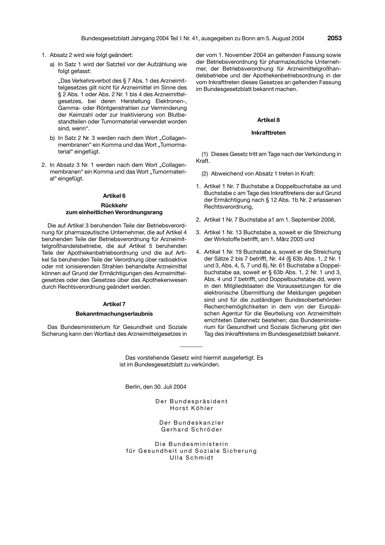 BGBl. 2004, Seite 2053 — Originalseite als Abbildung