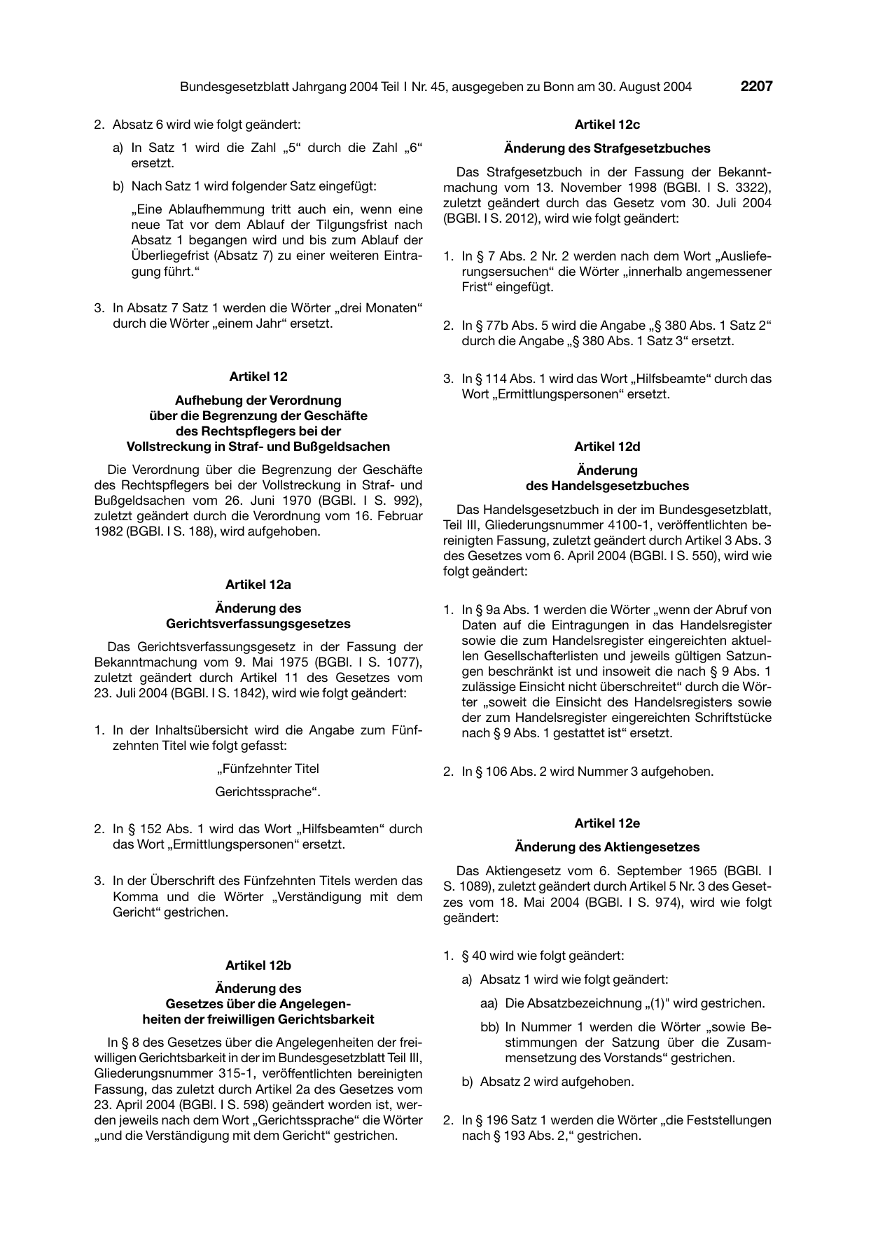 BGBl. 2004, Seite 2207 — Originalseite als Abbildung
