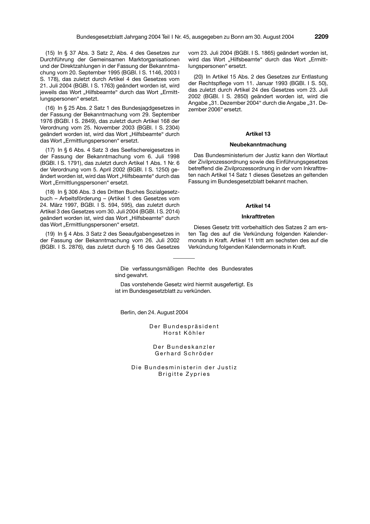BGBl. 2004, Seite 2209 — Originalseite als Abbildung