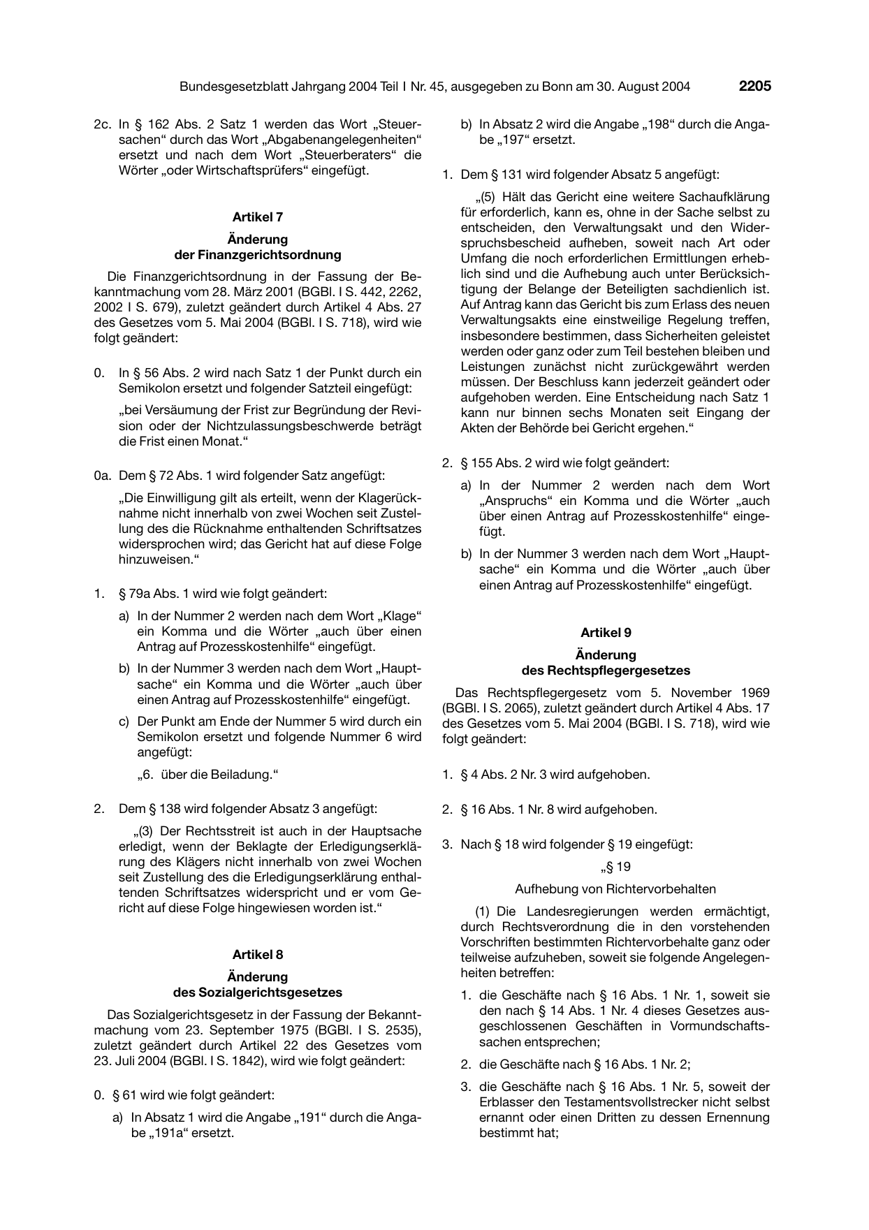 BGBl. 2004, Seite 2205 — Originalseite als Abbildung