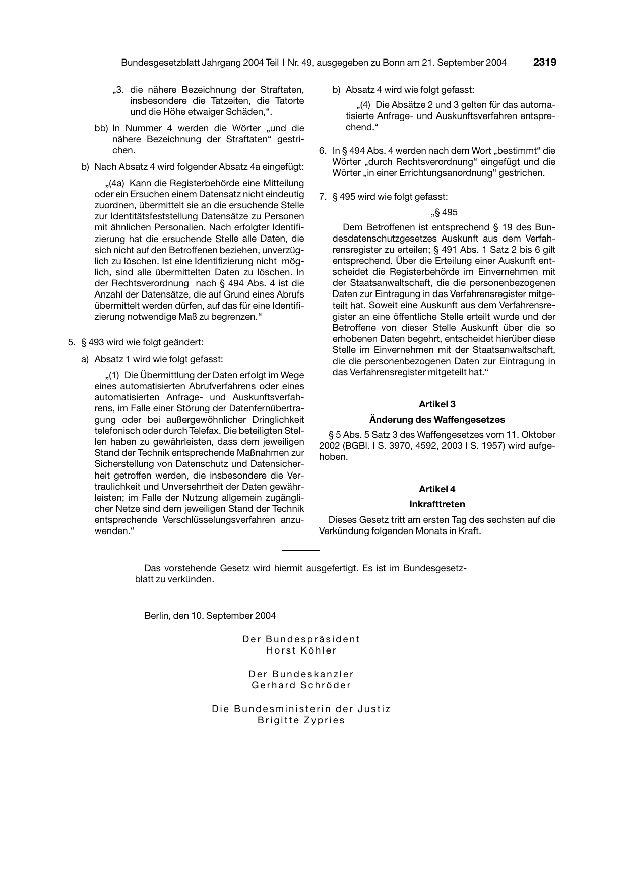 BGBl. 2004, Seite 2319 — Originalseite als Abbildung