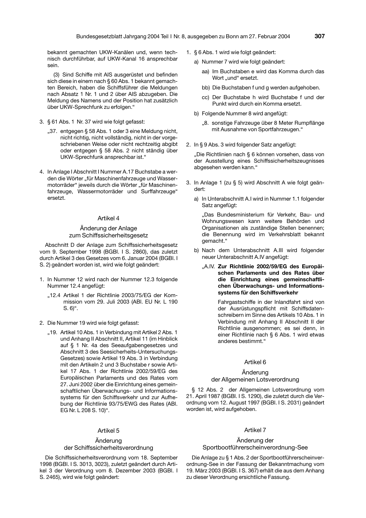 BGBl. 2004, Seite 307 — Originalseite als Abbildung