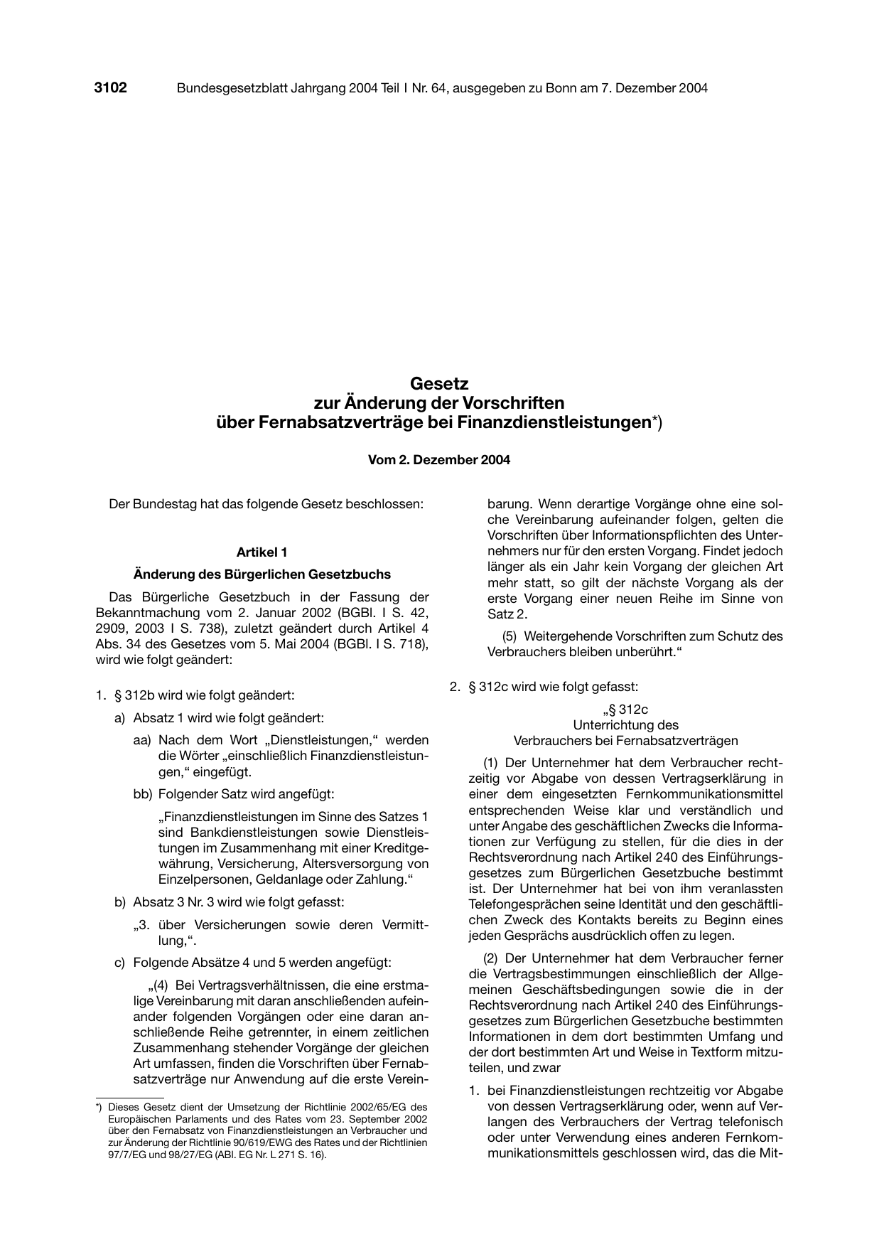 BGBl. 2004, Seite 3102 — Originalseite als Abbildung