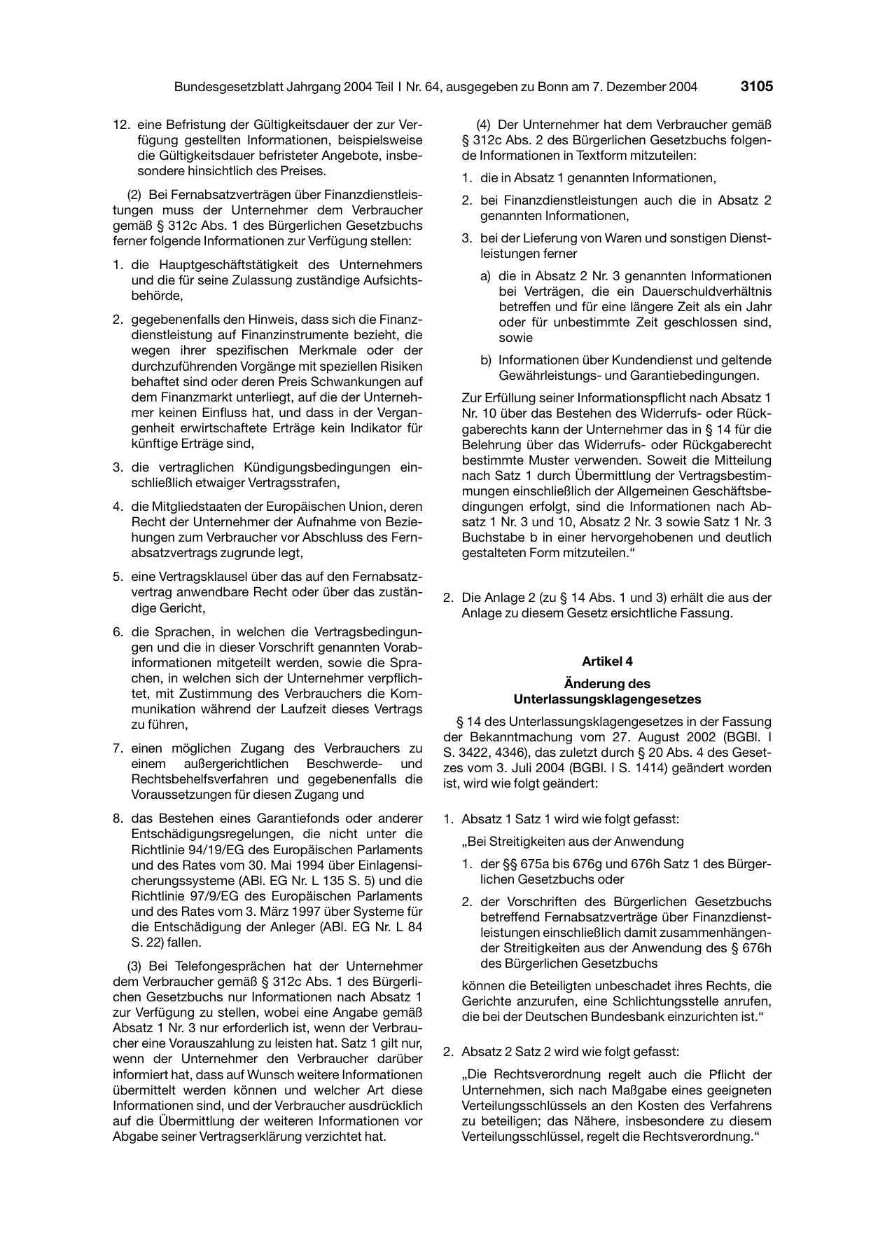 BGBl. 2004, Seite 3105 — Originalseite als Abbildung