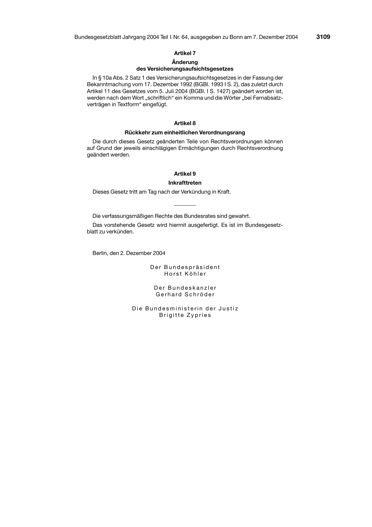 BGBl. 2004, Seite 3109 — Originalseite als Abbildung