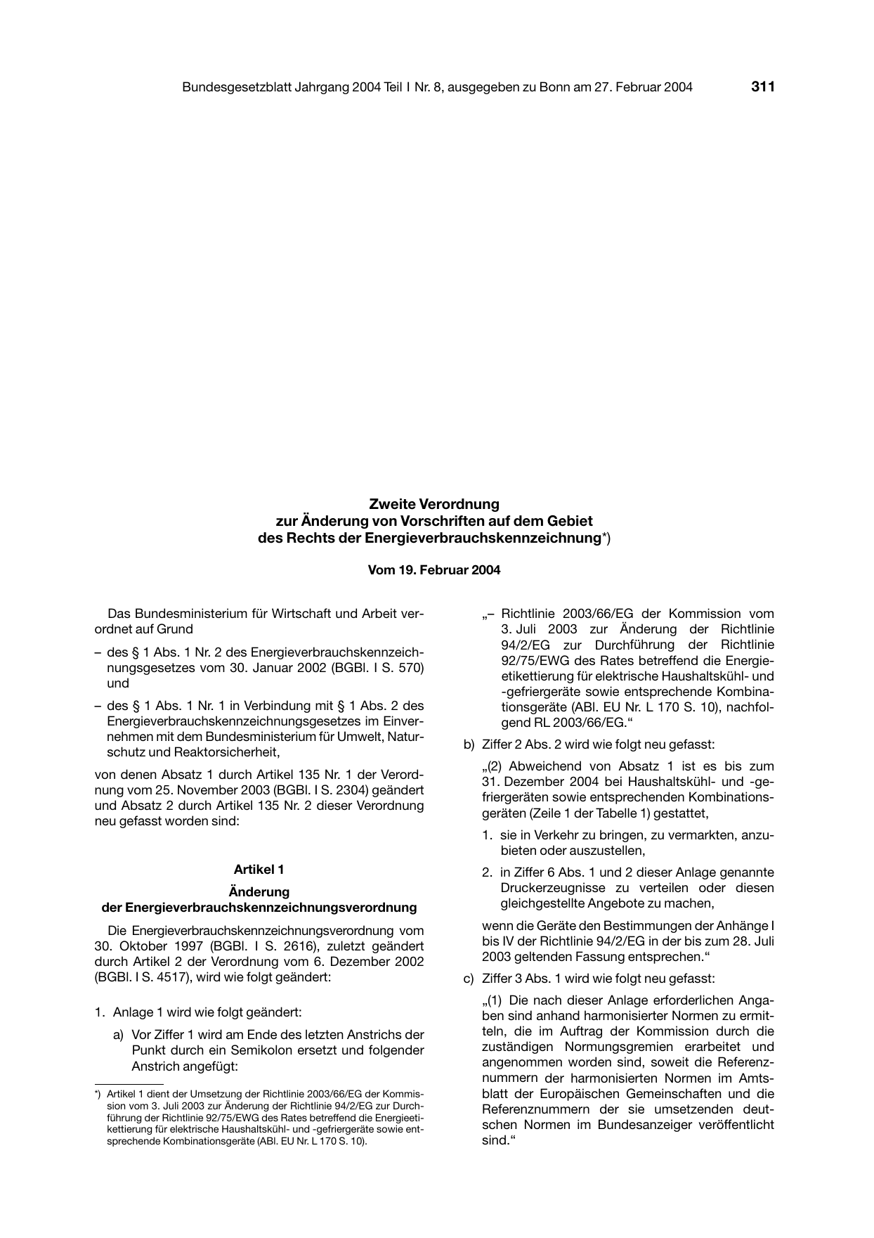 BGBl. 2004, Seite 311 — Originalseite als Abbildung
