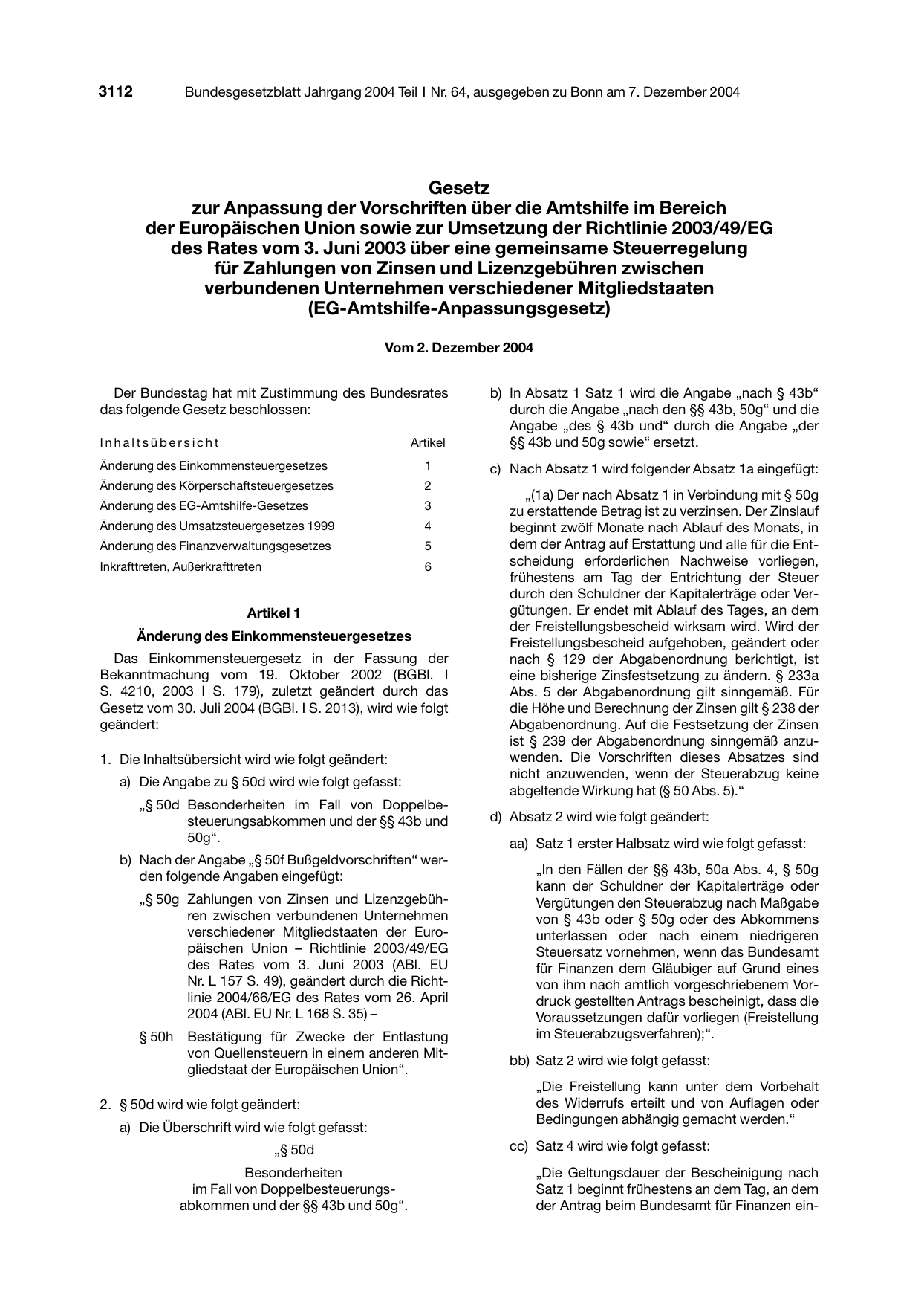 BGBl. 2004, Seite 3112 — Originalseite als Abbildung