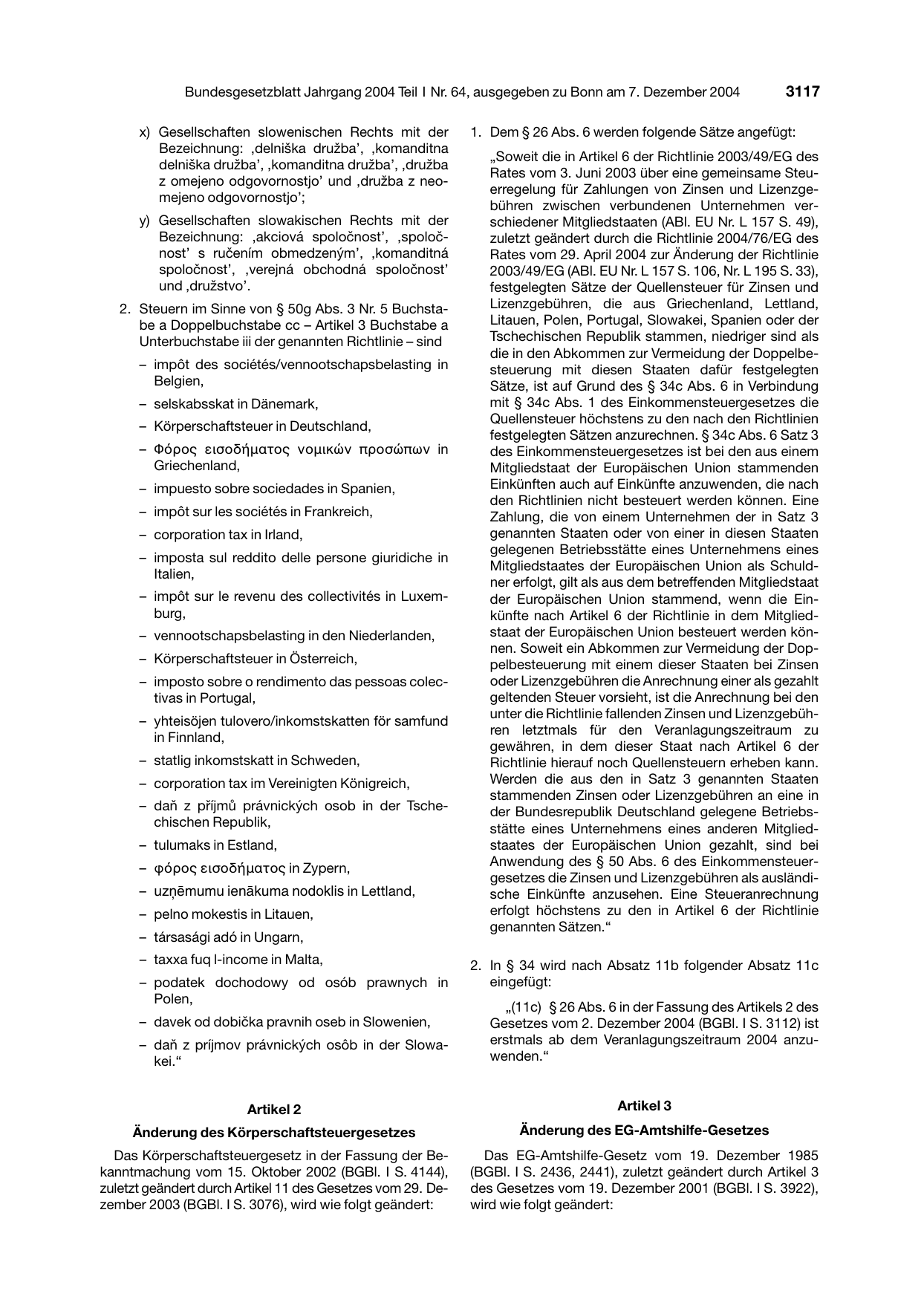 BGBl. 2004, Seite 3117 — Originalseite als Abbildung