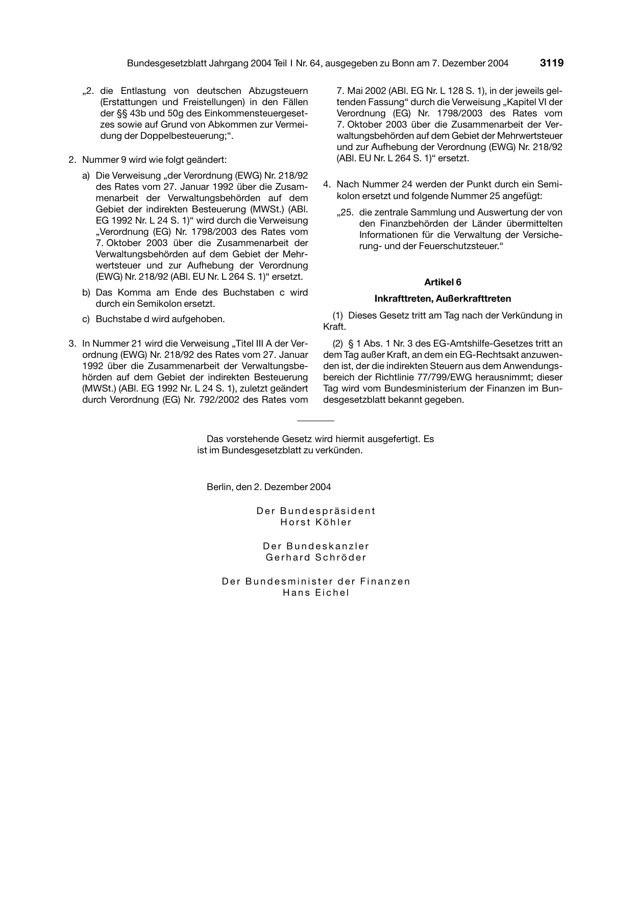 BGBl. 2004, Seite 3119 — Originalseite als Abbildung