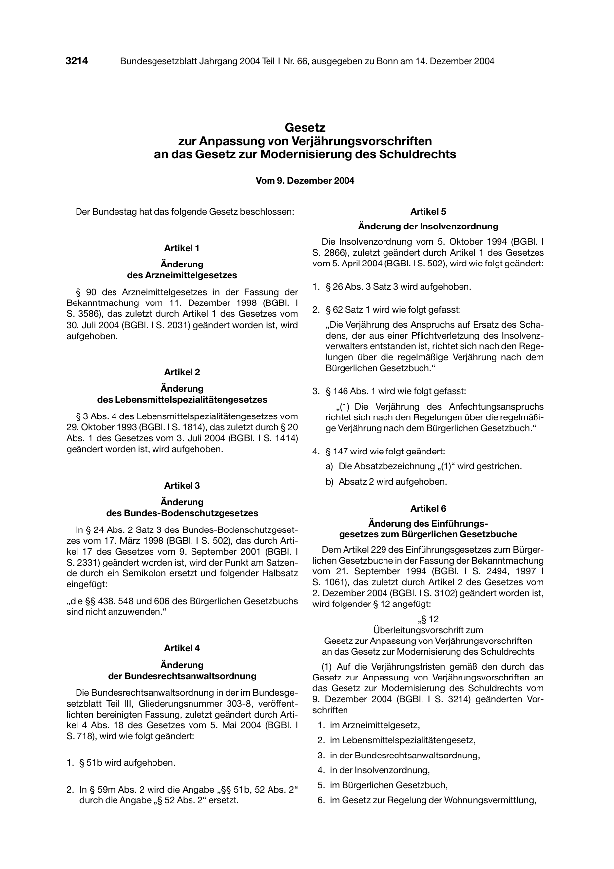 BGBl. 2004, Seite 3214 — Originalseite als Abbildung