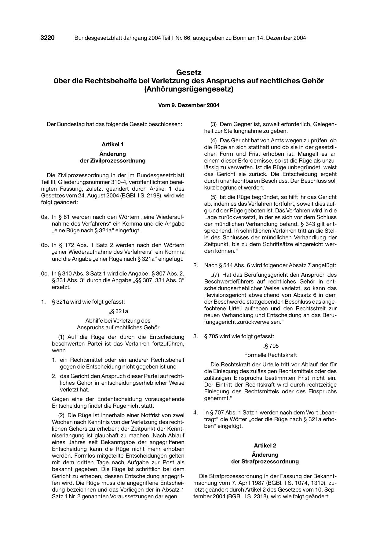 BGBl. 2004, Seite 3220 — Originalseite als Abbildung