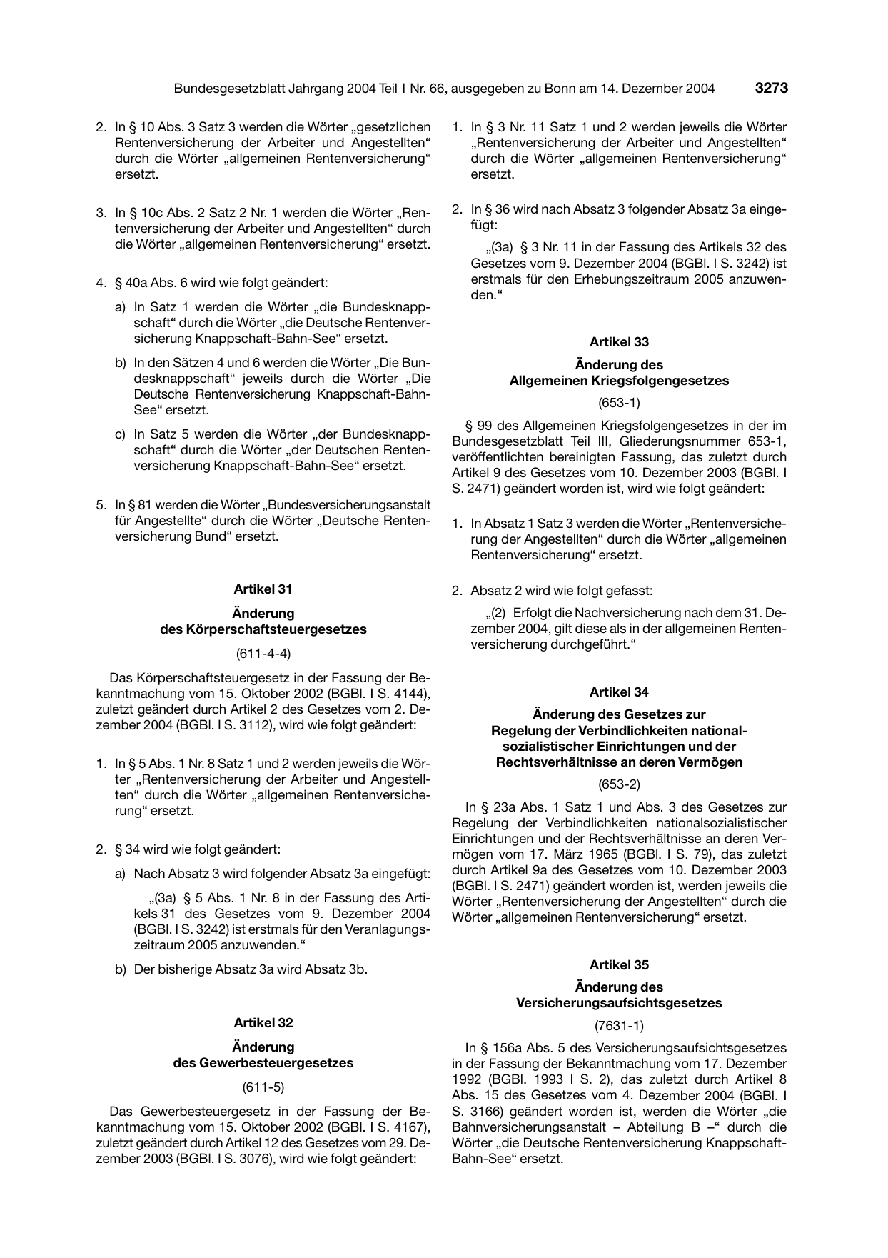 BGBl. 2004, Seite 3273 — Originalseite als Abbildung