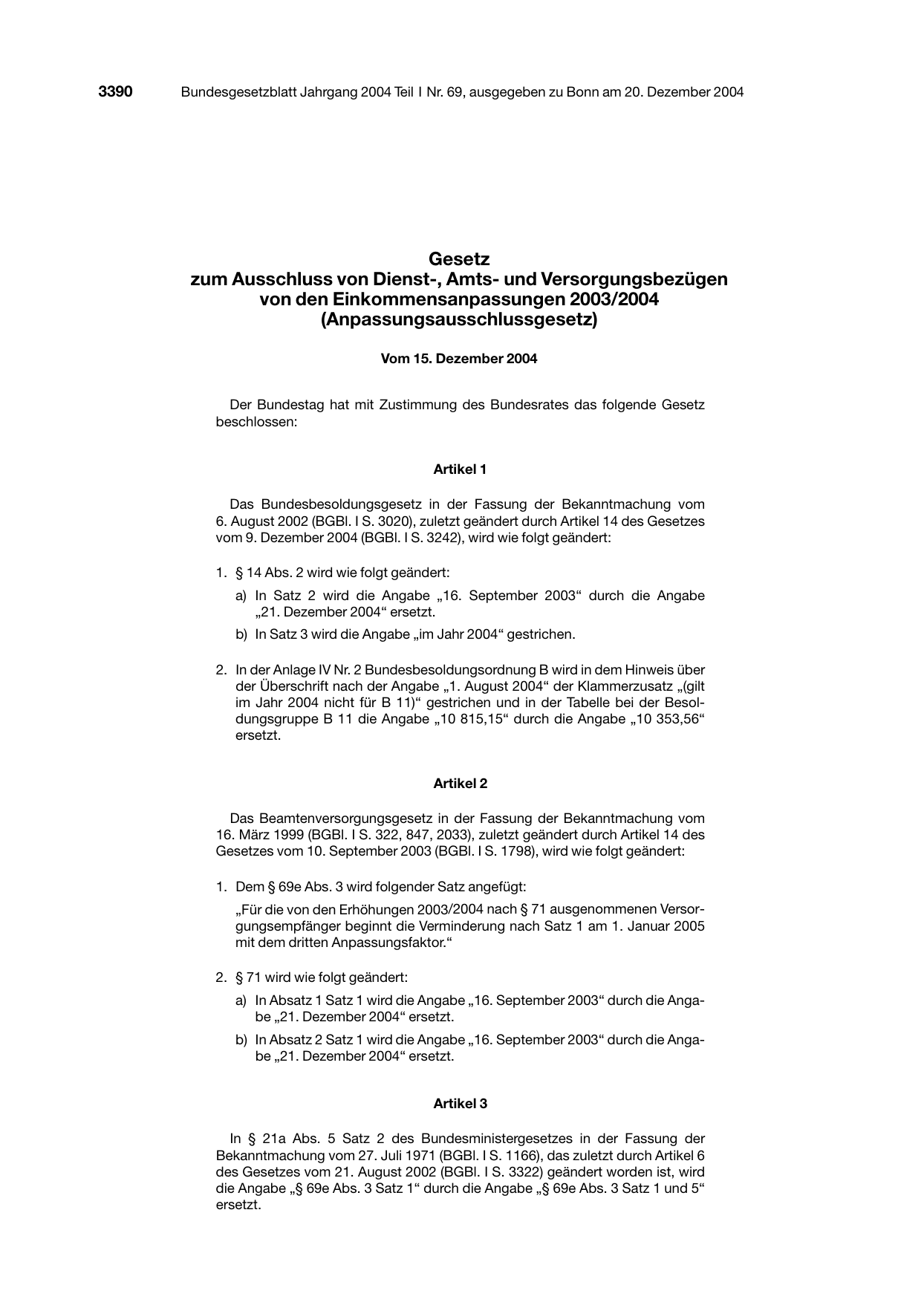 BGBl. 2004, Seite 3390 — Originalseite als Abbildung