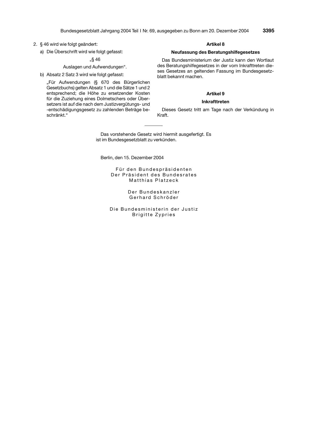 BGBl. 2004, Seite 3395 — Originalseite als Abbildung