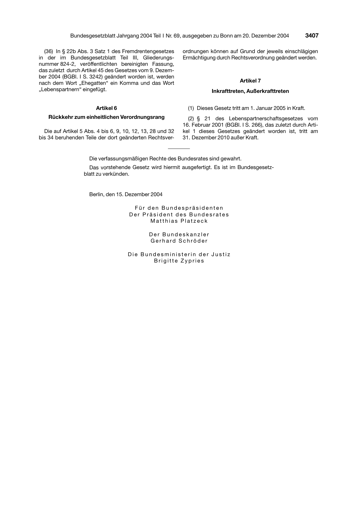 BGBl. 2004, Seite 3407 — Originalseite als Abbildung
