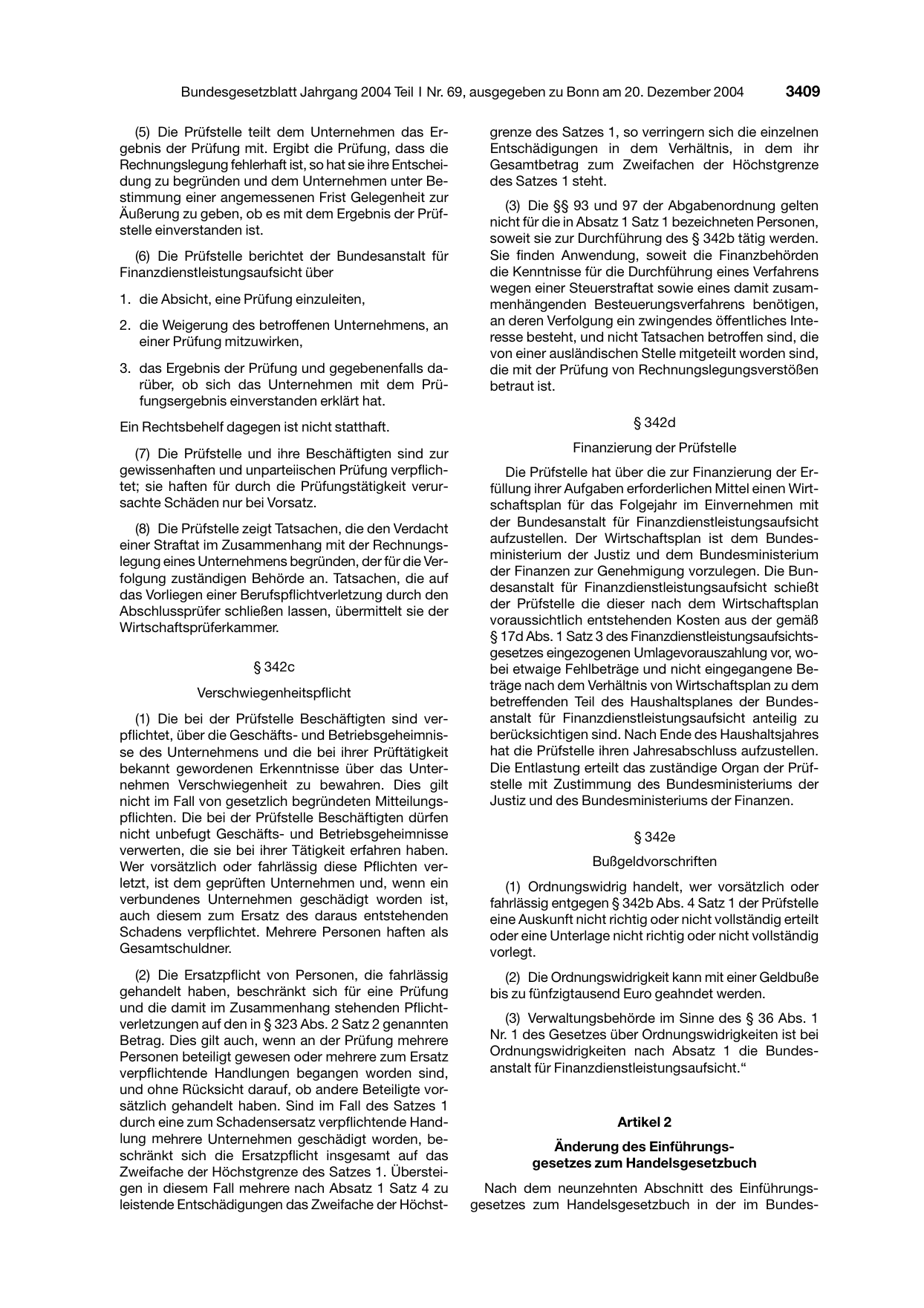 BGBl. 2004, Seite 3409 — Originalseite als Abbildung