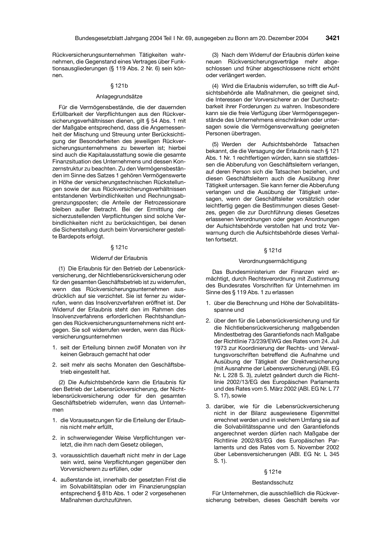 BGBl. 2004, Seite 3421 — Originalseite als Abbildung