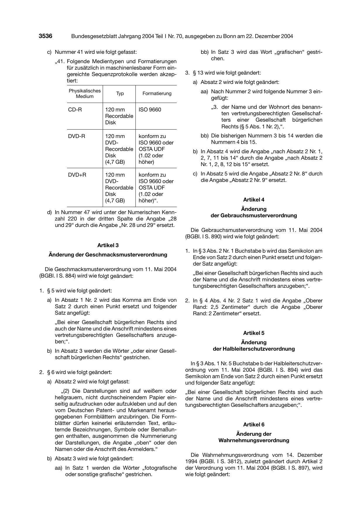 BGBl. 2004, Seite 3536 — Originalseite als Abbildung