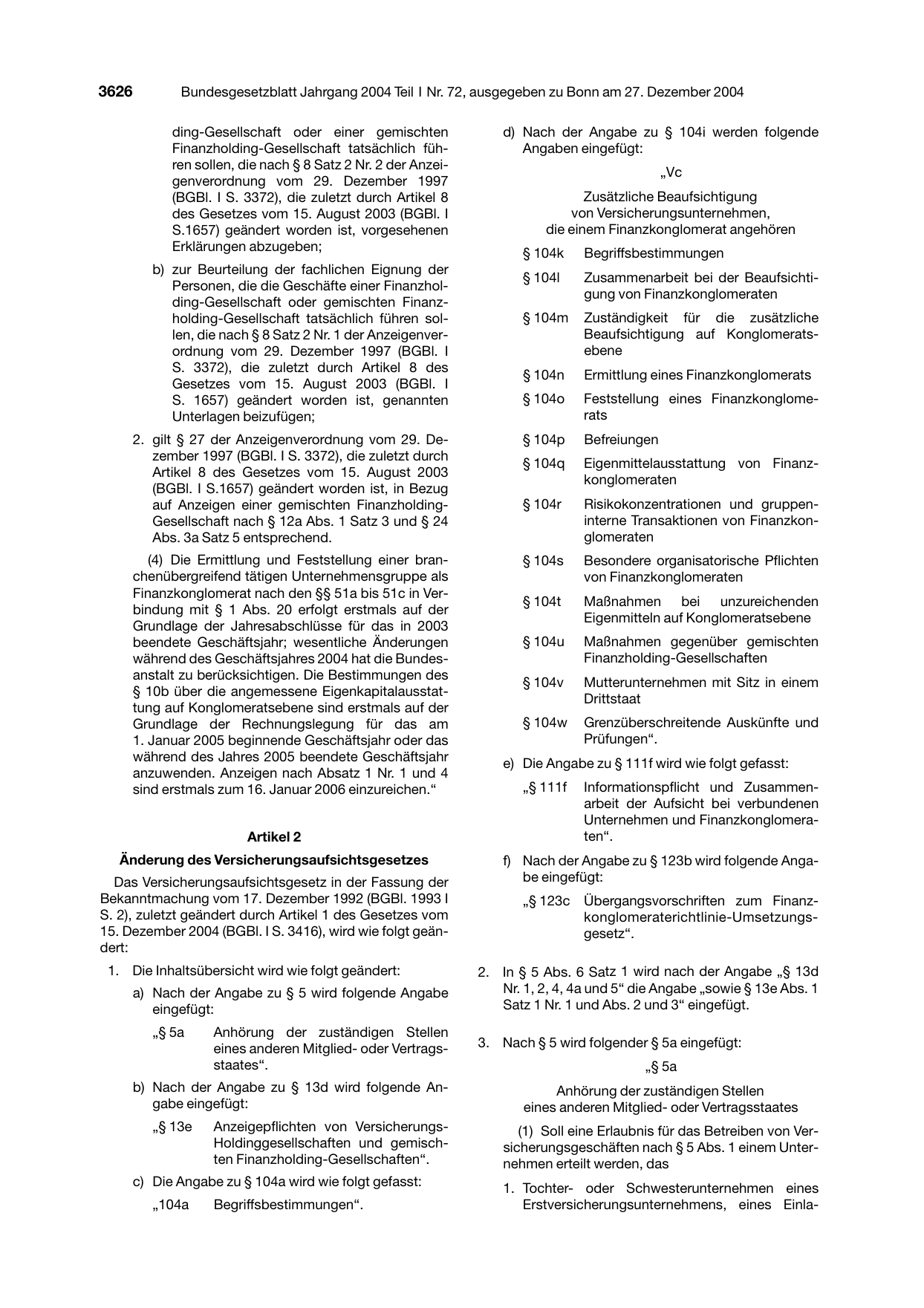 BGBl. 2004, Seite 3626 — Originalseite als Abbildung