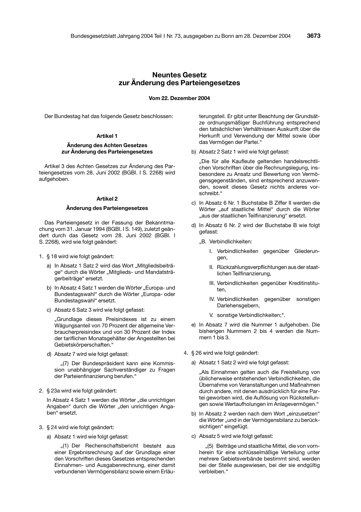 BGBl. 2004, Seite 3673 — Originalseite als Abbildung