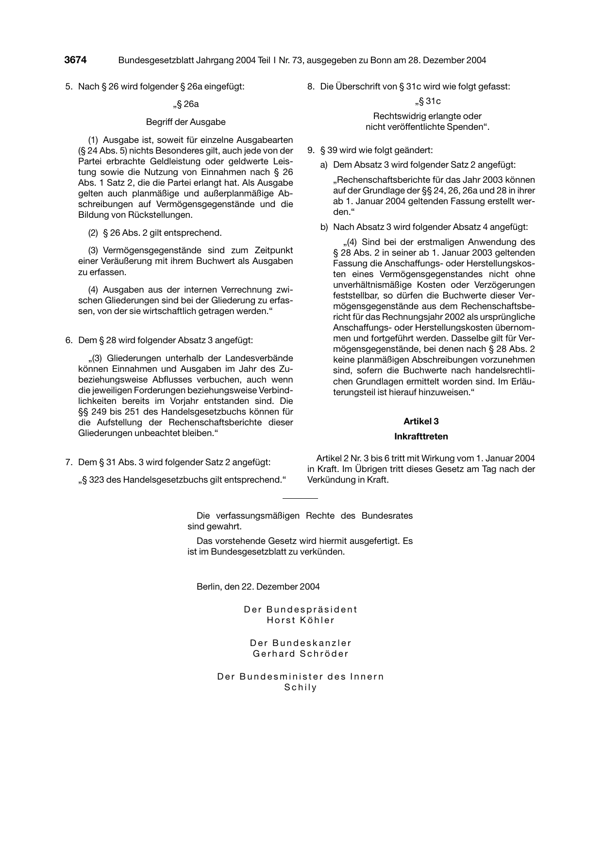 BGBl. 2004, Seite 3674 — Originalseite als Abbildung