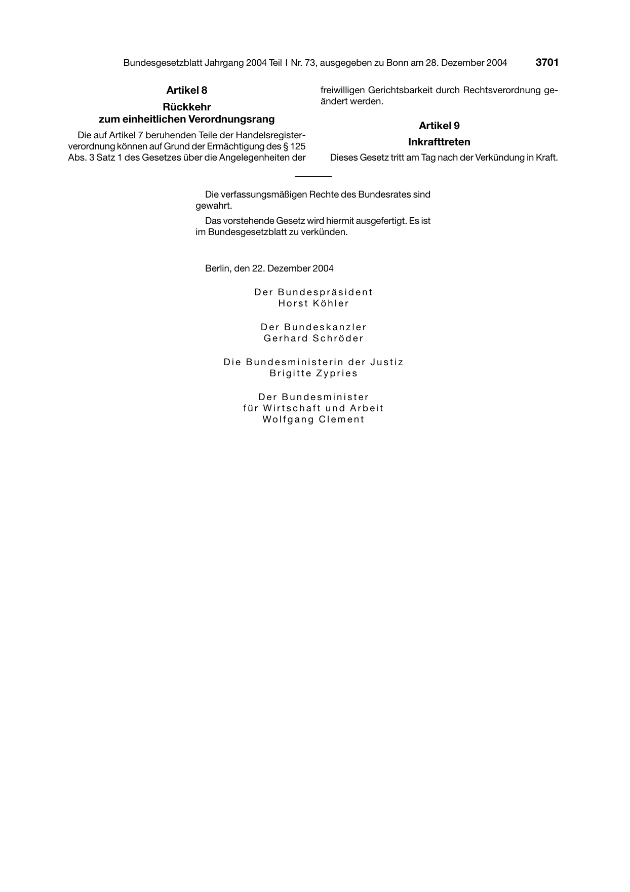 BGBl. 2004, Seite 3701 — Originalseite als Abbildung