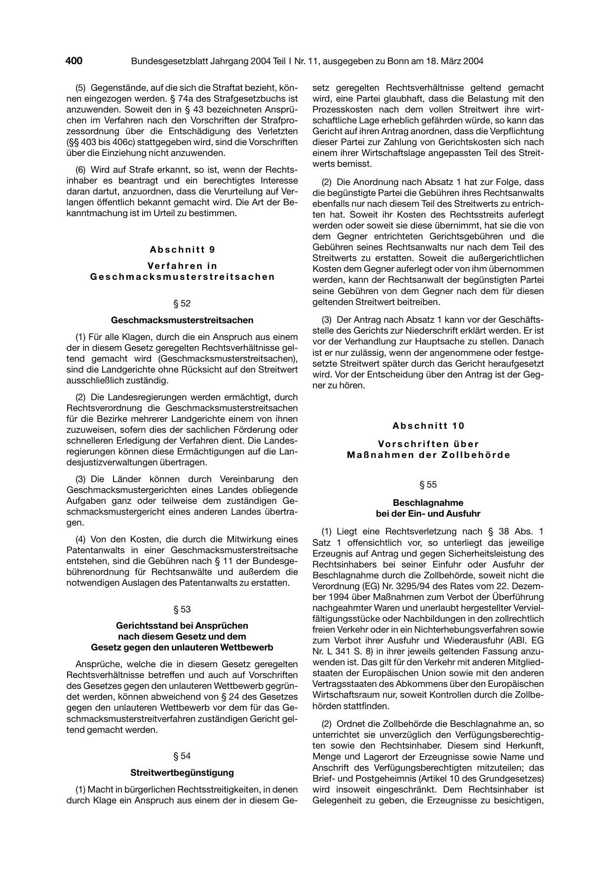 BGBl. 2004, Seite 400 — Originalseite als Abbildung