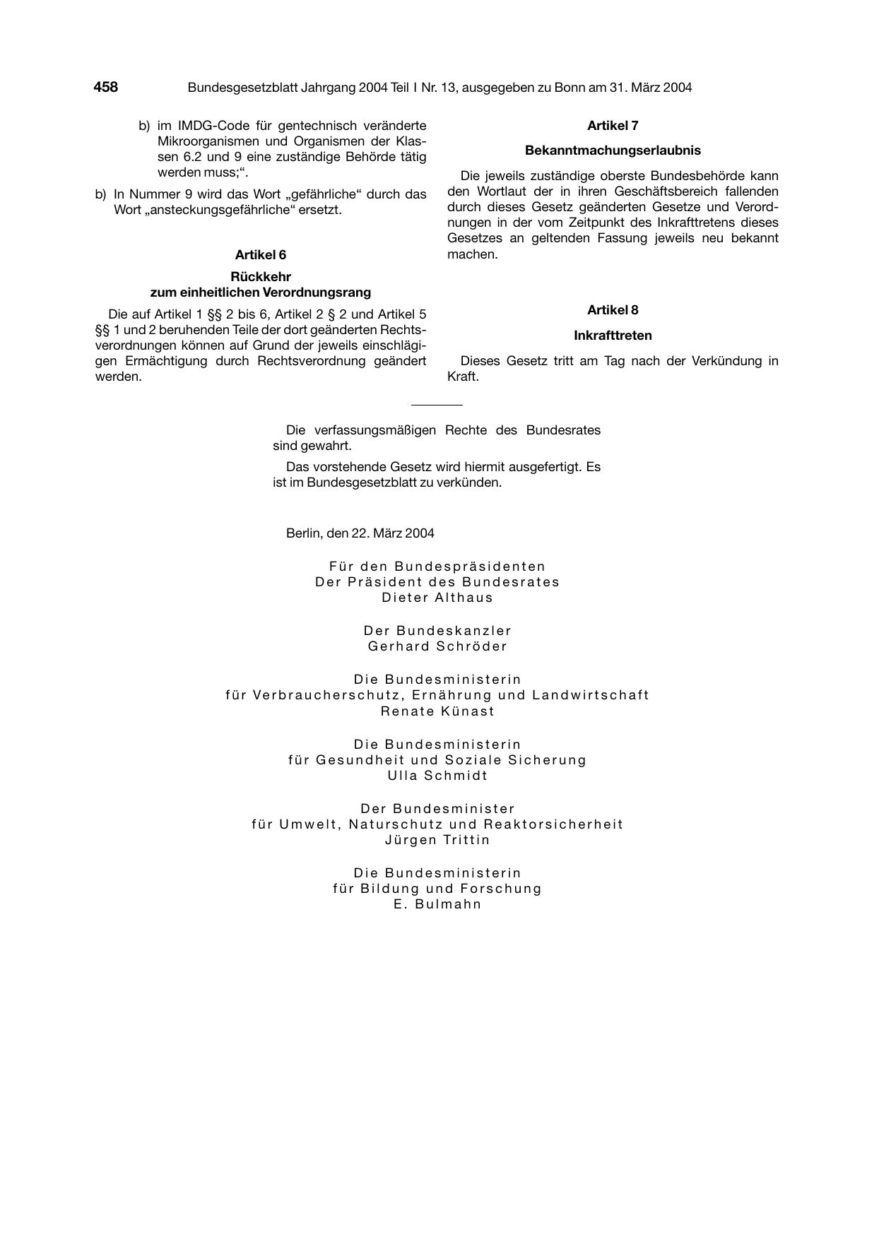 BGBl. 2004, Seite 458 — Originalseite als Abbildung