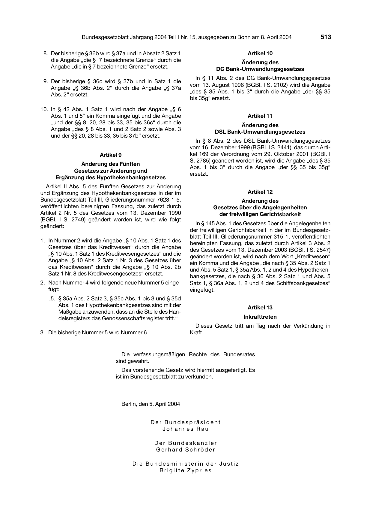 BGBl. 2004, Seite 513 — Originalseite als Abbildung