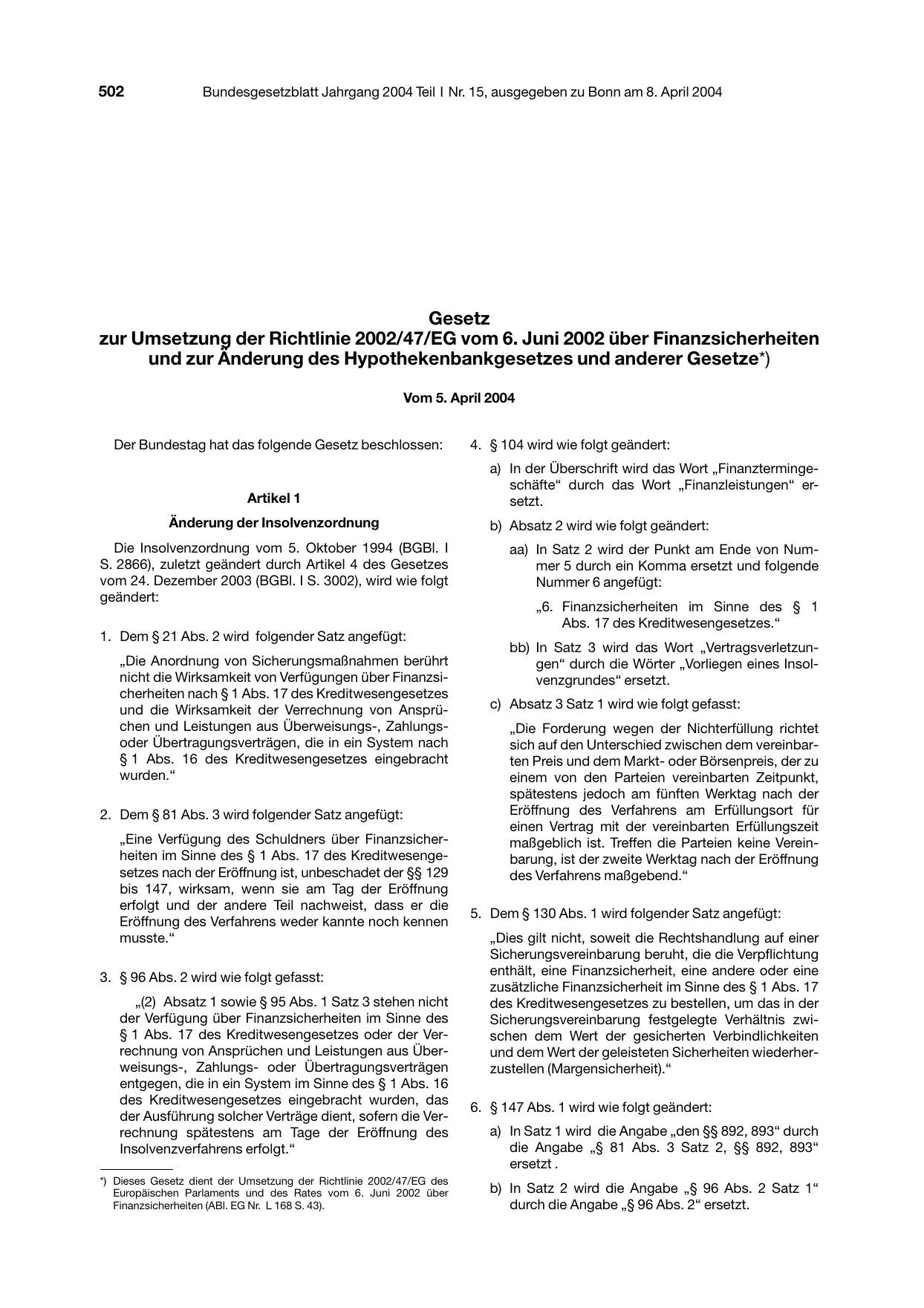 BGBl. 2004, Seite 502 — Originalseite als Abbildung