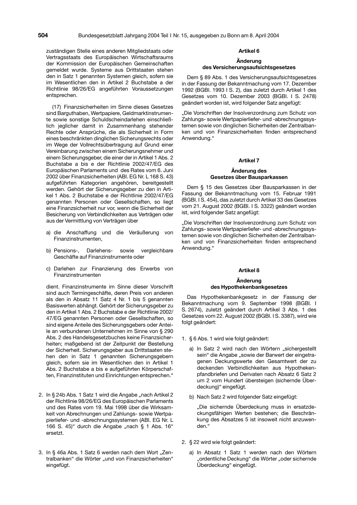 BGBl. 2004, Seite 504 — Originalseite als Abbildung