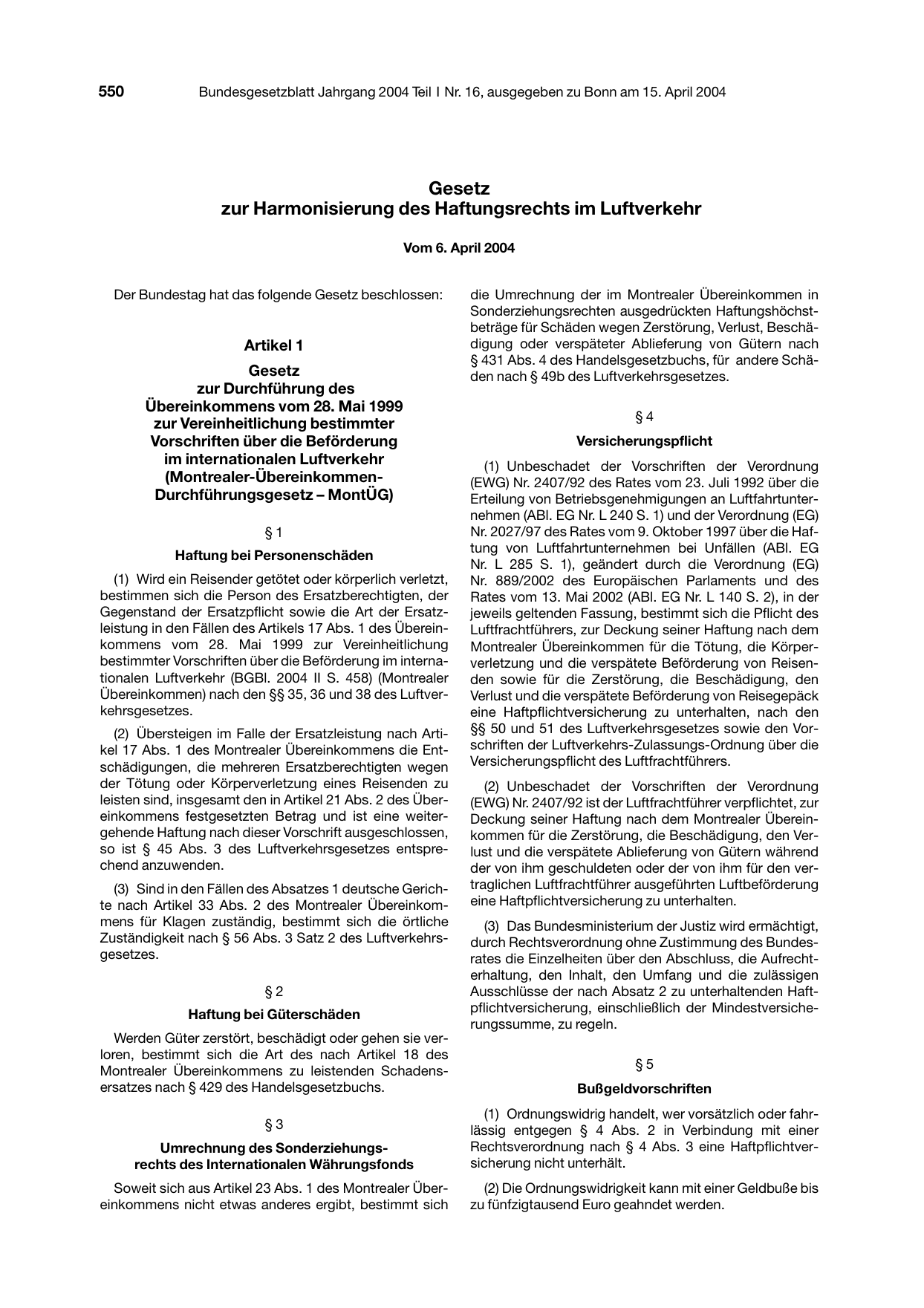 BGBl. 2004, Seite 550 — Originalseite als Abbildung