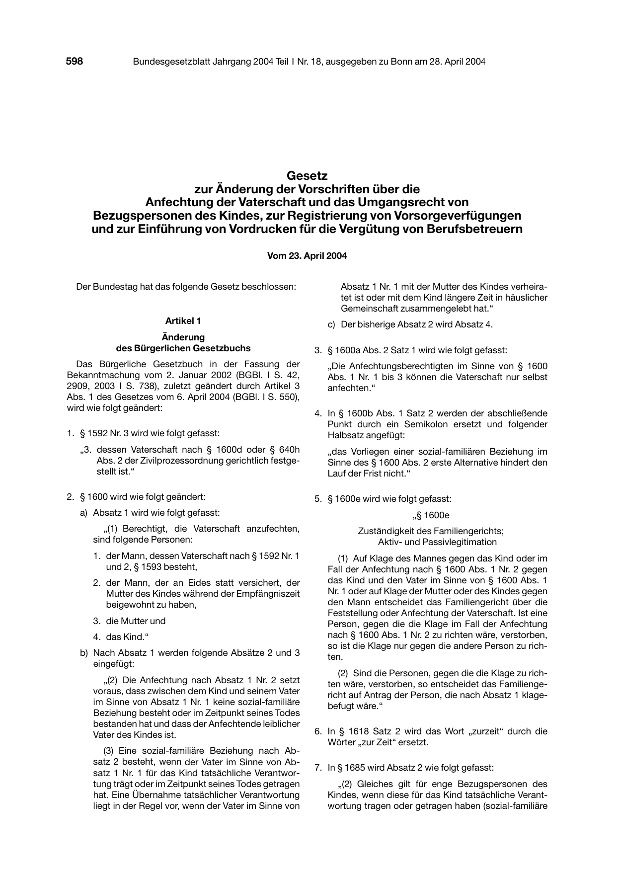 BGBl. 2004, Seite 598 — Originalseite als Abbildung