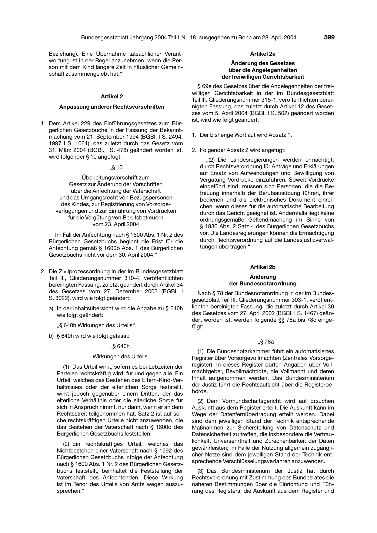 BGBl. 2004, Seite 599 — Originalseite als Abbildung