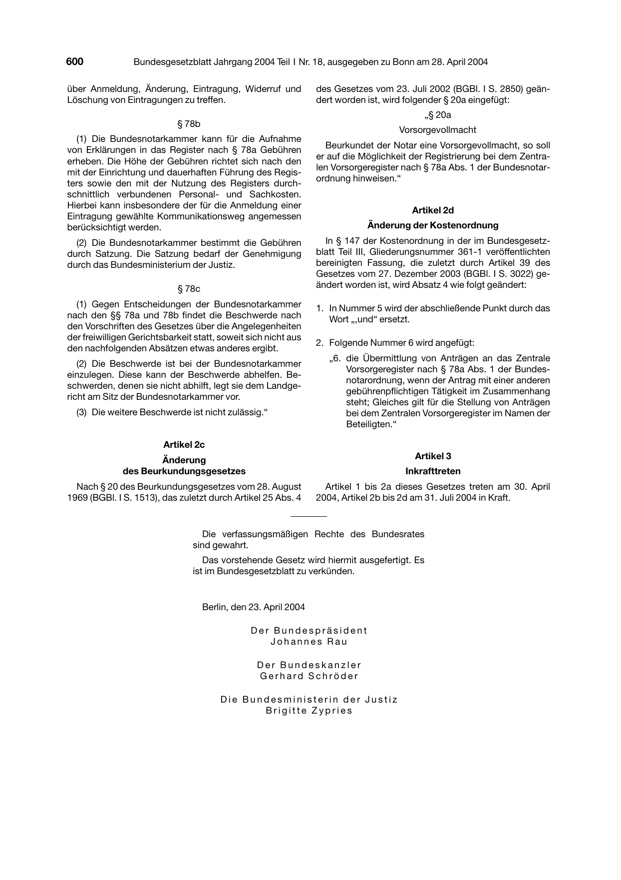 BGBl. 2004, Seite 600 — Originalseite als Abbildung