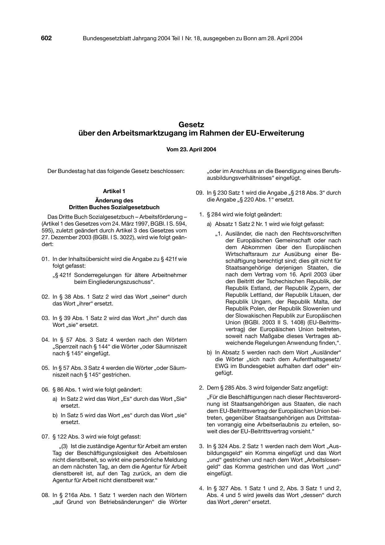 BGBl. 2004, Seite 602 — Originalseite als Abbildung
