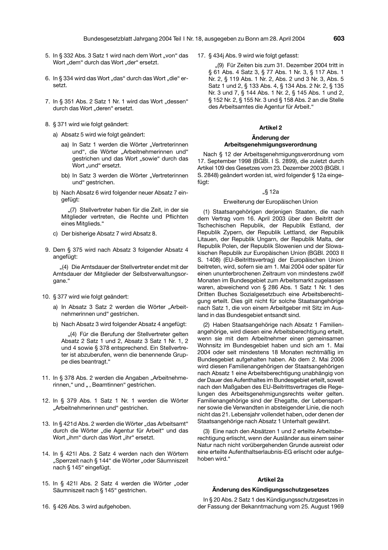 BGBl. 2004, Seite 603 — Originalseite als Abbildung