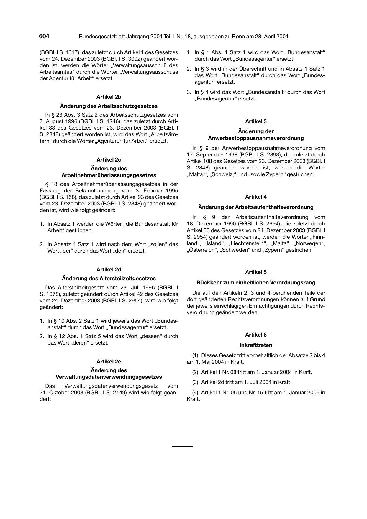 BGBl. 2004, Seite 604 — Originalseite als Abbildung